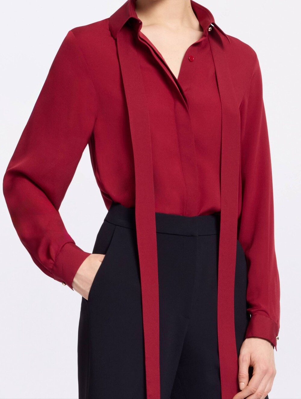 Women's Long-Sleeve Tie-Neck Blouse in Burgundy